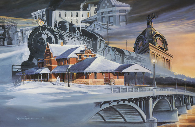 Snowy montage of Mankato's past in Partners in Progress by artist Marian Anderson