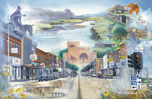 Marian Anderson's Chosen Valley fine art print features the city of Chatfield, Minnesota