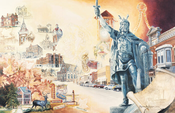Fine art print, City of Charm and Tradition by Marian Anderson features the history of New Ulm, Minnesota including the statue of Herman the German