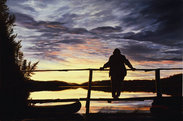Sunset, a print by Marian Anderson, shows Dorothy Molter on Knife Lake. Dorothy was known as The Root Beer Lady and was the last person to live within the Boundary Waters Canoe Area (BWCA) in Northern Minnesota