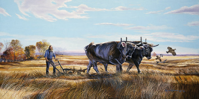 The Homesteader, a print by Marian Anderson, shows a man and his team of oxen, using a plow to plow his prairie field.
