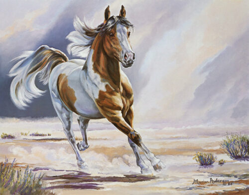 Free Spirit, a print by Marian Anderson, shows a wild mustang running free.