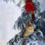 Winter's Lace, a print by Marian Anderson, showing a pair of cardinals and a junco on a snow-covered branch.