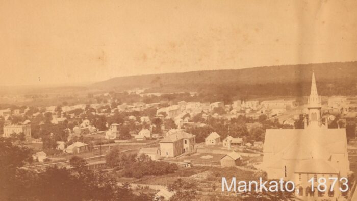 A screenshot of Mankato in 1873 as seen in BECHS Calvary Cemetery Video