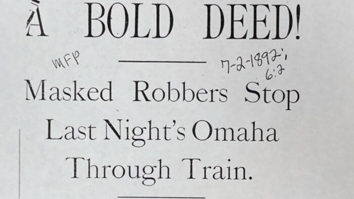 A screenshot Sontag Train Robbery Headline as seen in BECHS Calvary Cemetery Video