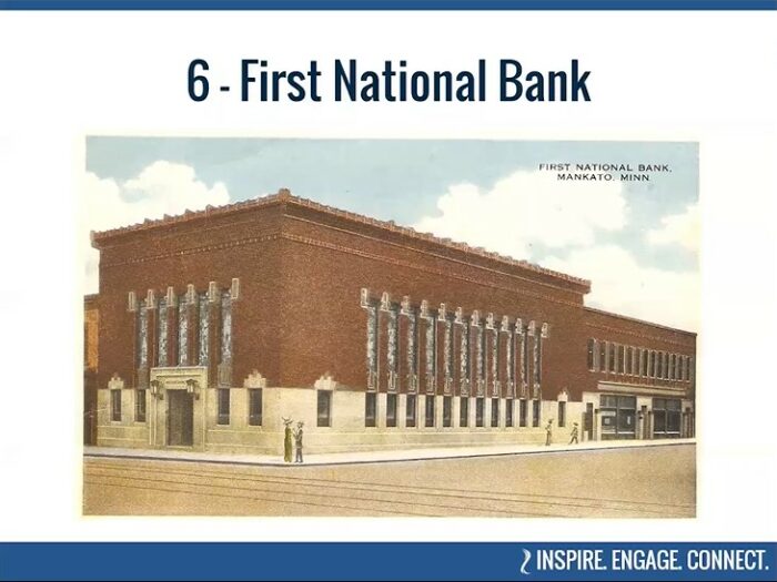 Historic image of the First National Bank in Mankato, Minnesota, part of BECHS' virtual tour of Historic Places.